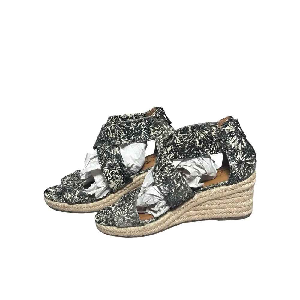 Patricia Nash Sunflower Print Leather Espadrille Wedges Size 8 Black White